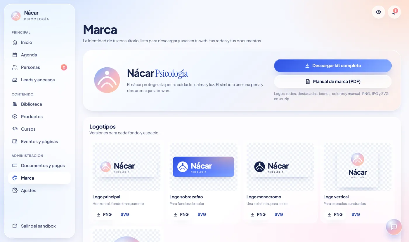 Sección Marca con logos descargables en varias versiones