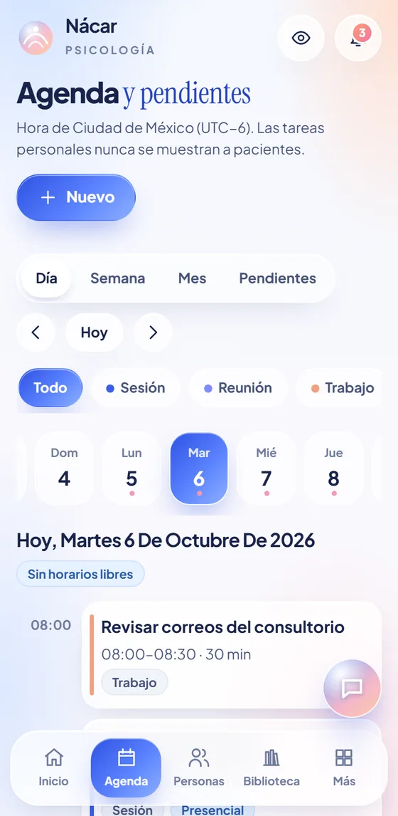 Agenda con vista de día, semana, mes y pendientes